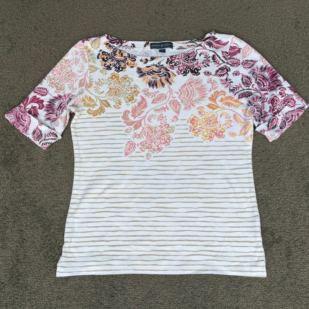 Karen Scott Womens Floral Striped‎ Boat Neck Short Sleeve Top White Pink Small